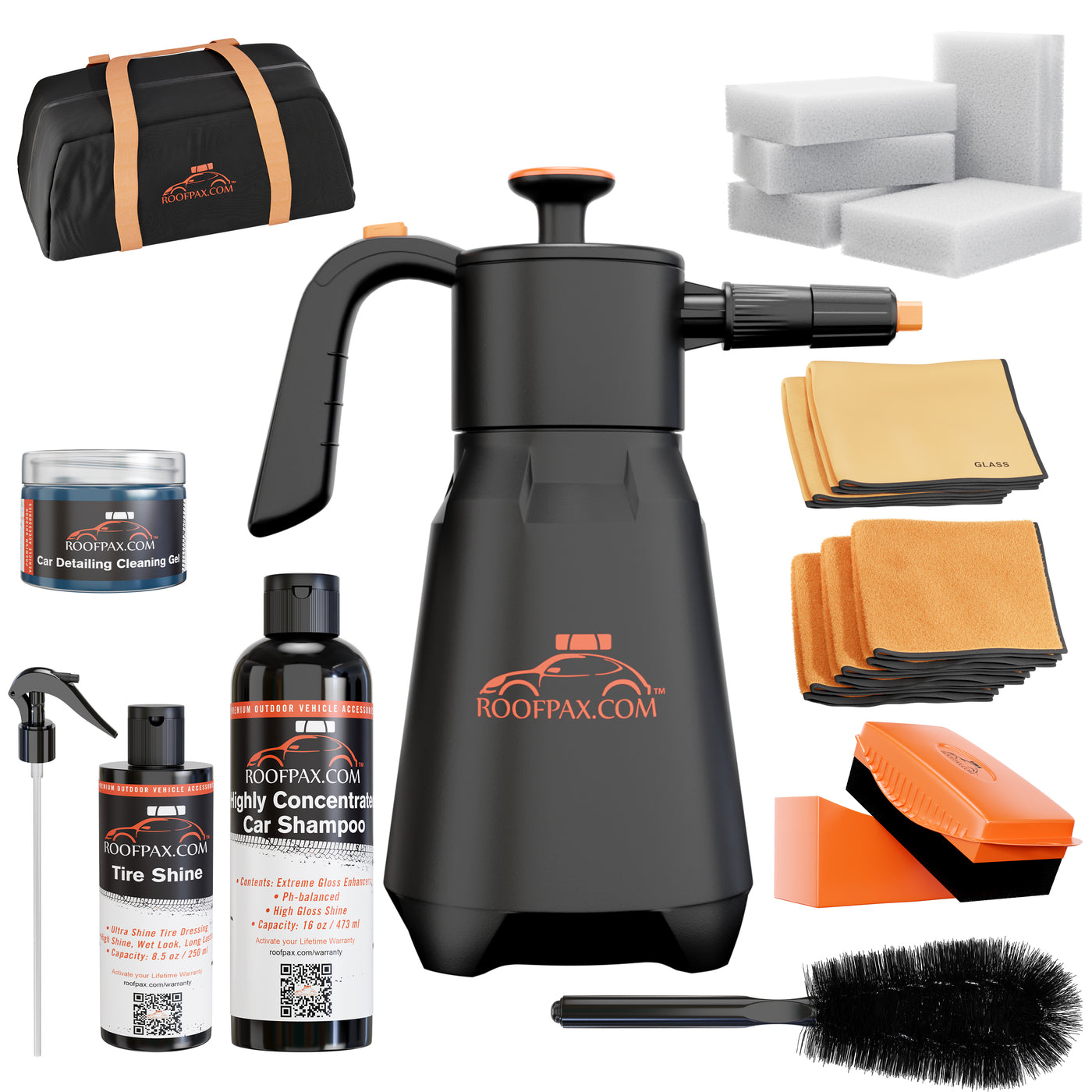 RoofPax Eco-Friendly Waterless Car Wash Spray Kit with Pressure Foam Microfiber Cloths Gel Cleaner Magic Sponge Tire Brush & Tire Spray Rinseless Car Wash for Exterior & Interior Cleaning