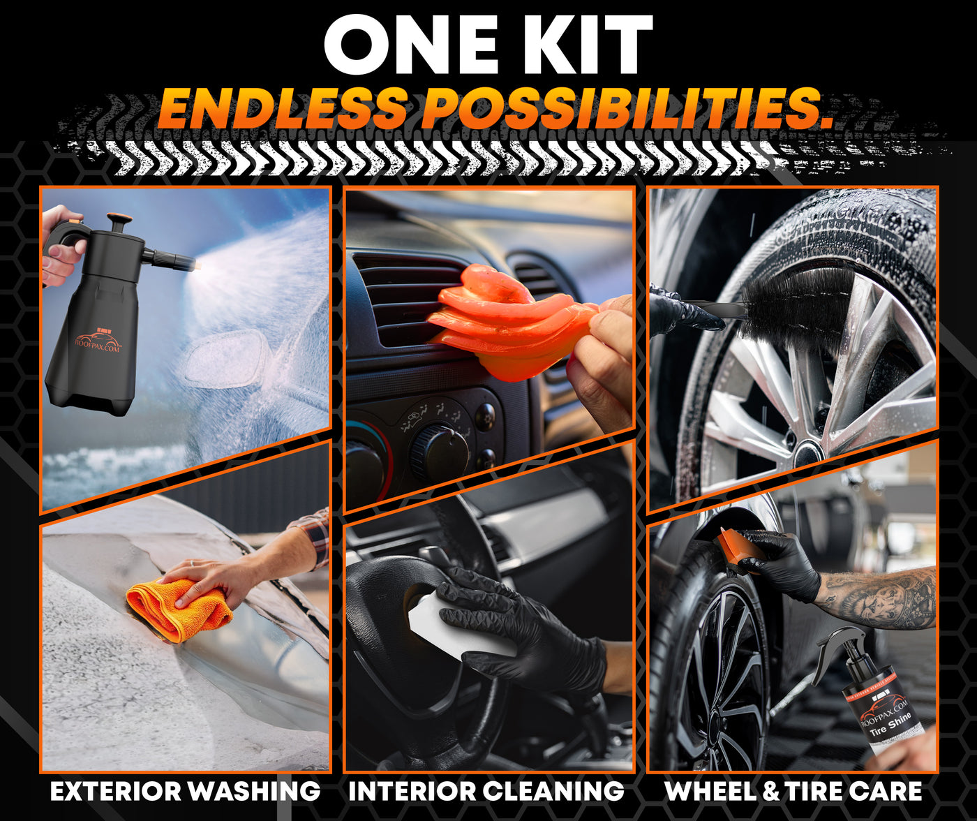RoofPax Eco-Friendly Waterless Car Wash Spray Kit with Pressure Foam Microfiber Cloths Gel Cleaner Magic Sponge Tire Brush & Tire Spray Rinseless Car Wash for Exterior & Interior Cleaning