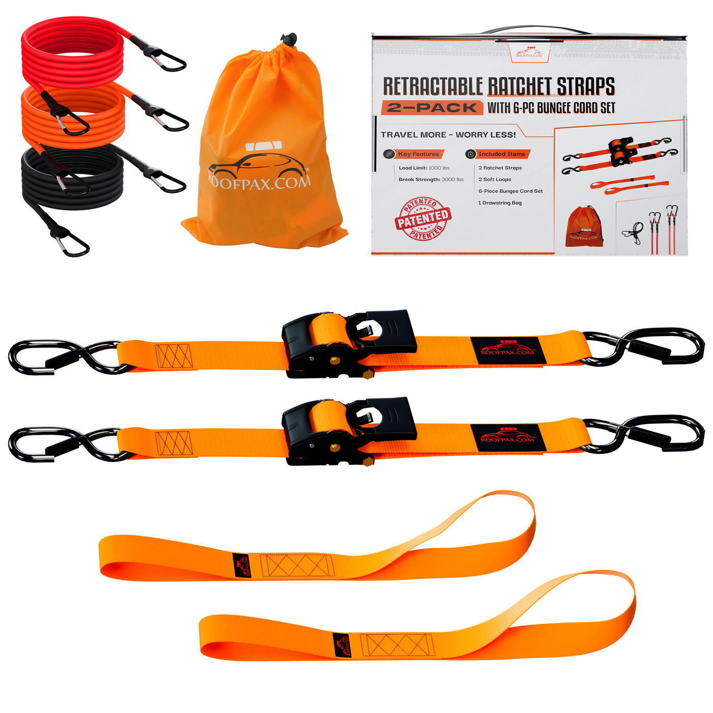 RoofPax Premium 2'' x 10" Retractable Ratchet Straps 2 Pack 3000lbs Break Strength Heavy Duty Auto Self-Retracting Tie Down Straps for Trucks Secure Cargo Tie Downs with 6pcs Bungee Cords