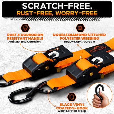 RoofPax Premium 2'' x 10" Retractable Ratchet Straps 4 Pack 3000lbs Break Strength Heavy Duty Auto Self-Retracting Tie Down Straps for Trucks Secure Cargo Tie Downs with 6pcs Bungee Cords