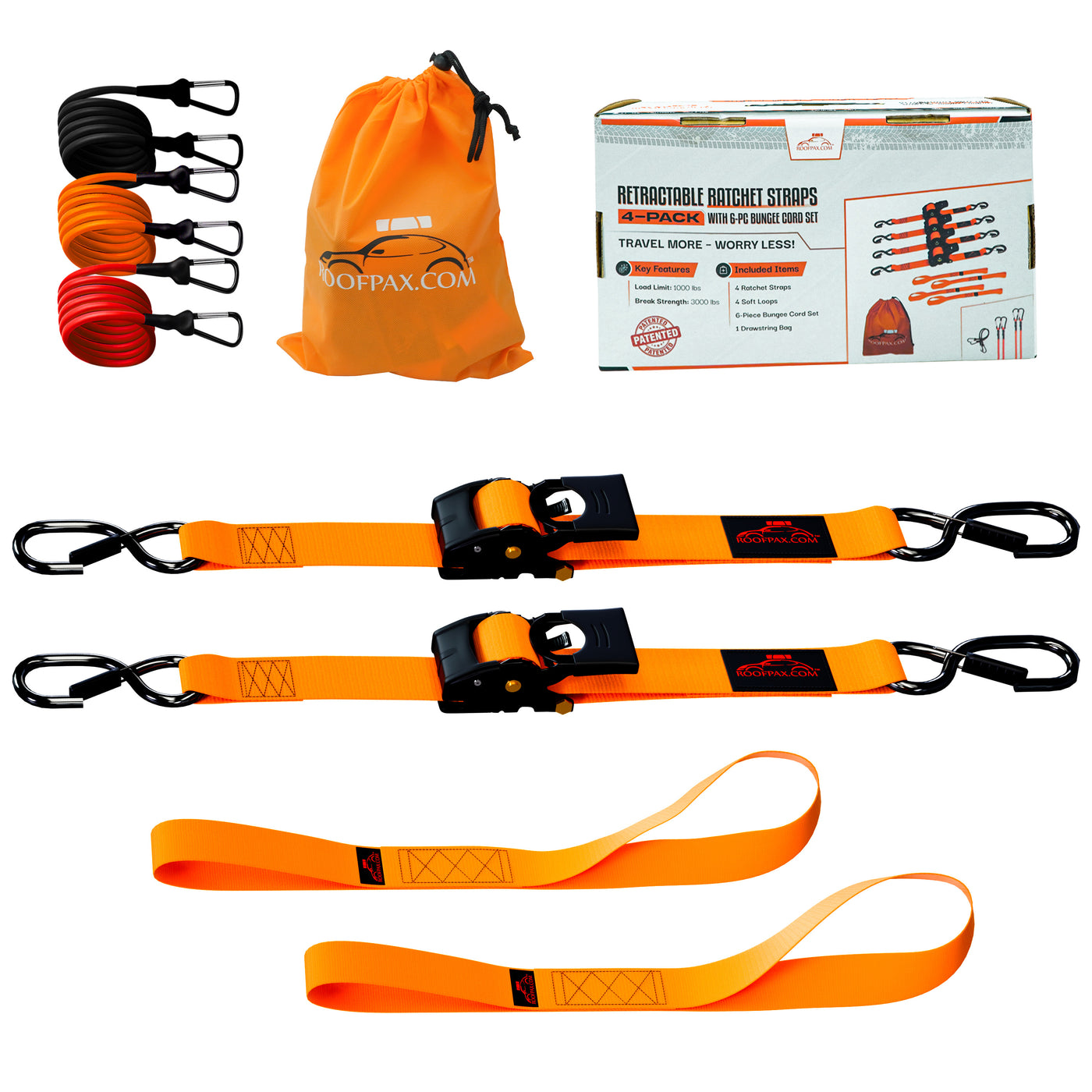 RoofPax Premium 2'' x 10" Retractable Ratchet Straps 2 Pack 3000lbs Break Strength Heavy Duty Auto Self-Retracting Tie Down Straps for Trucks Secure Cargo Tie Downs with 6pcs Bungee Cords