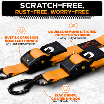 RoofPax Premium 2'' x 10" Retractable Ratchet Straps 2 Pack 3000lbs Break Strength Heavy Duty Auto Self-Retracting Tie Down Straps for Trucks Secure Cargo Tie Downs with 6pcs Bungee Cords
